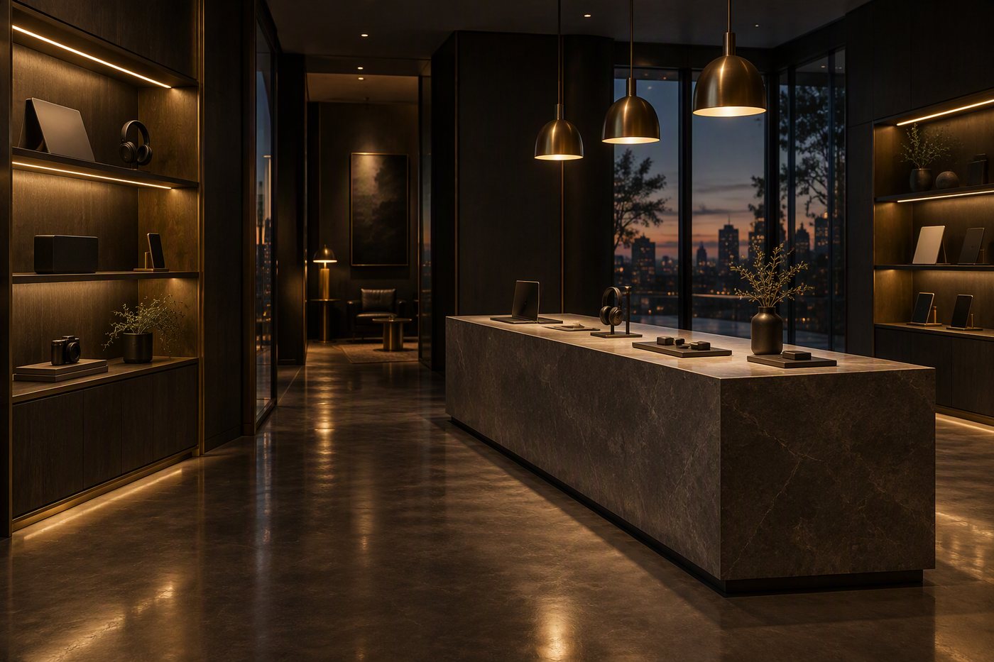 The TechZone store interior at dusk, with dark walls, brass shelving and warm lighting