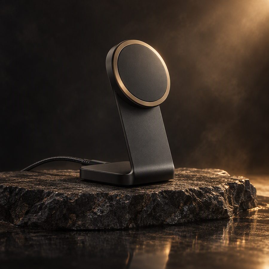 MagDock magnetic charging stand in black aluminium with a brass ring