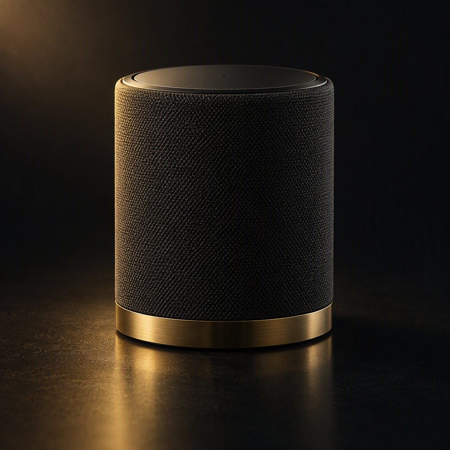 Monolith cylindrical speaker wrapped in dark fabric with a brass base