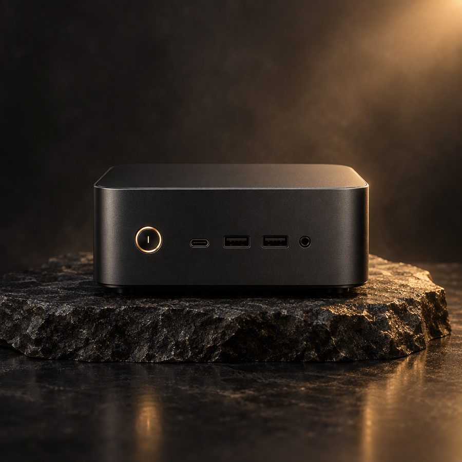 Station Mini desktop in matte black aluminium with a brass power button