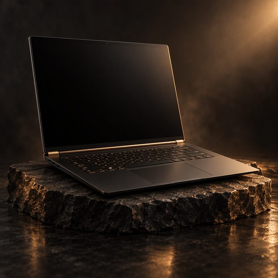 Vector 14 laptop in matte black aluminium, open on a dark stone plinth